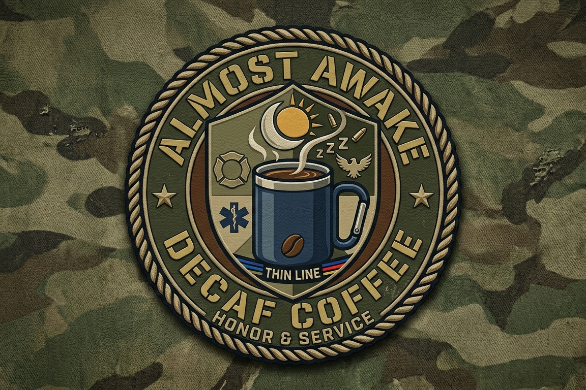 Logo for 'Almost Awake Decaf Coffee' on a camouflage background