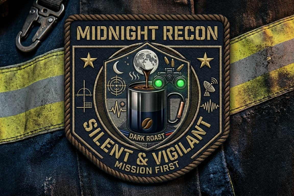 Patch with 'Midnight Recon' and 'Silent & Vigilant' text on a textured background