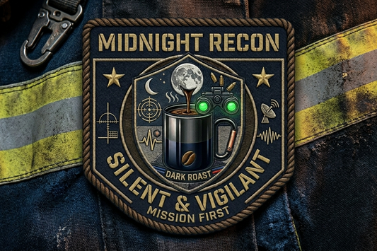 Patch with 'Midnight Recon' and 'Silent & Vigilant' text on a textured background