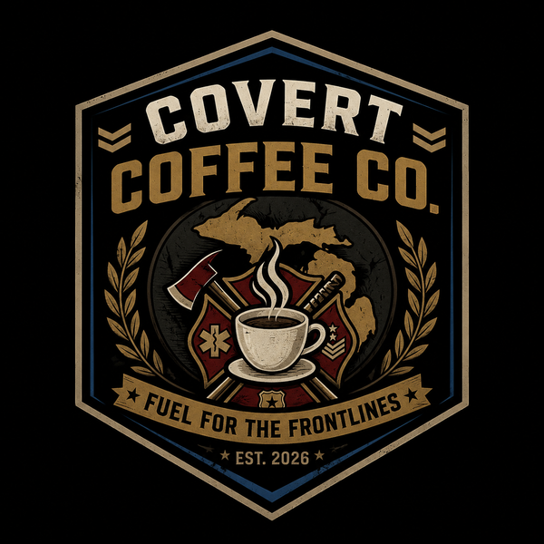 Covert Coffee Co. logo with coffee cup, axe, and shield design on a black background