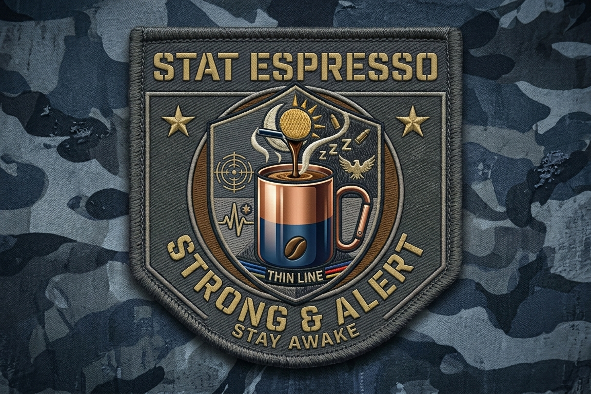 Patch with 'STAT Espresso' design on a camouflage background