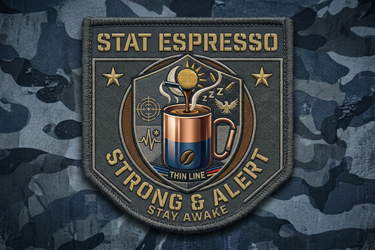 Patch with 'STAT Espresso' design on a camouflage background